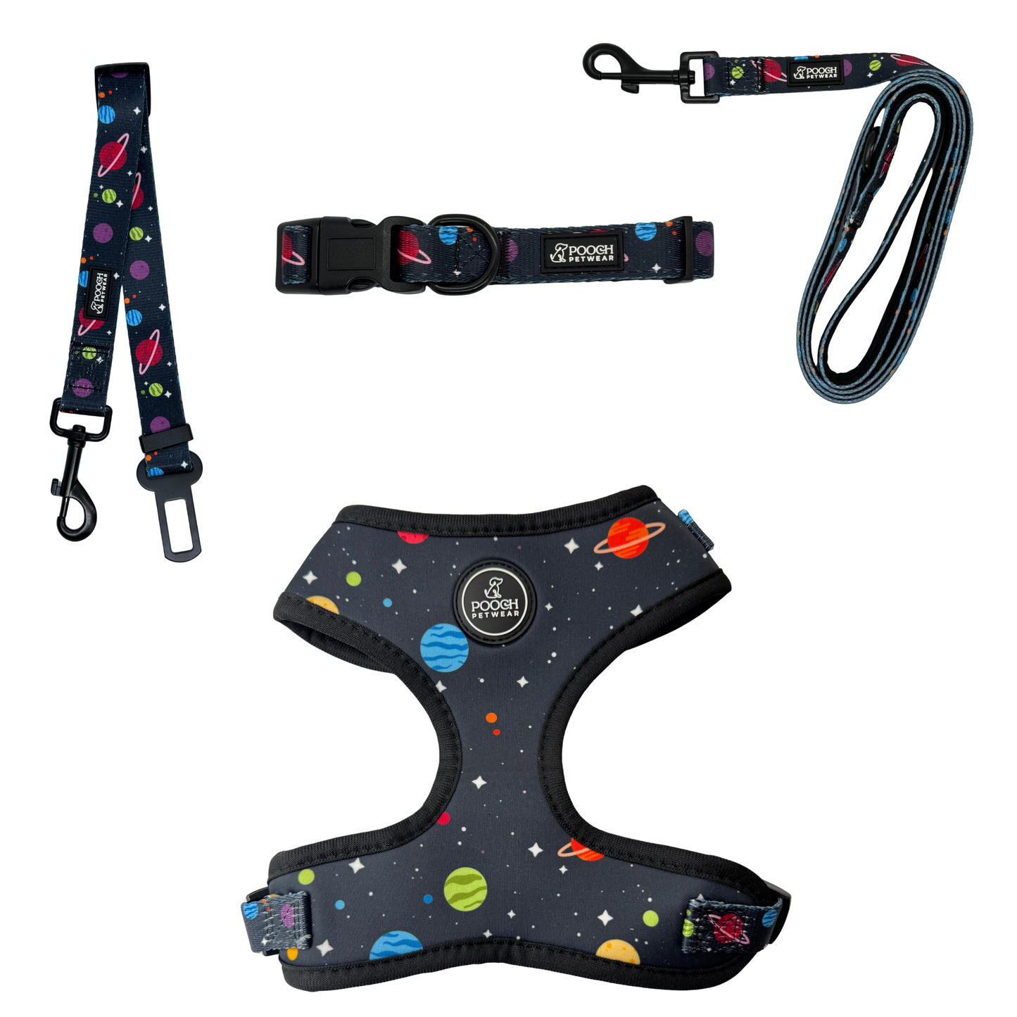 Pooch Petwear Cosmic Ultimate Travel Set — Harness, Collar, Lead & Car Seatbelt Bundle | XS S M L