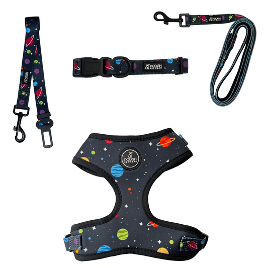 Pooch Petwear Cosmic Ultimate Travel Set — Harness, Collar, Lead & Car Seatbelt Bundle | XS S M L